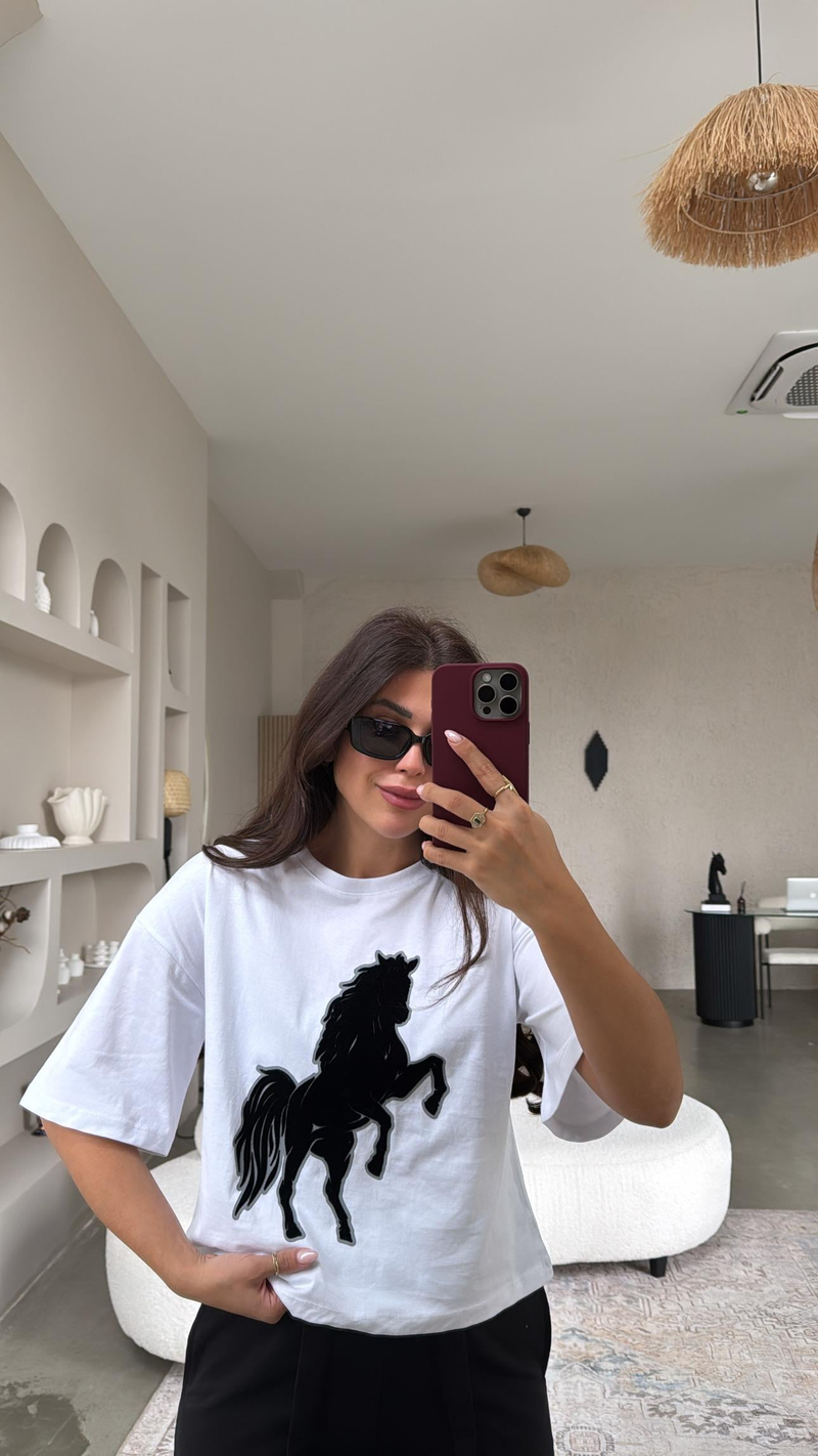 Beyaz Flok At Baskılı Tshirt