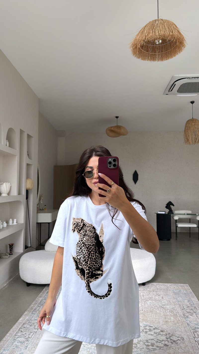 Beyaz Flok Kaplan Baskılı Tshirt
