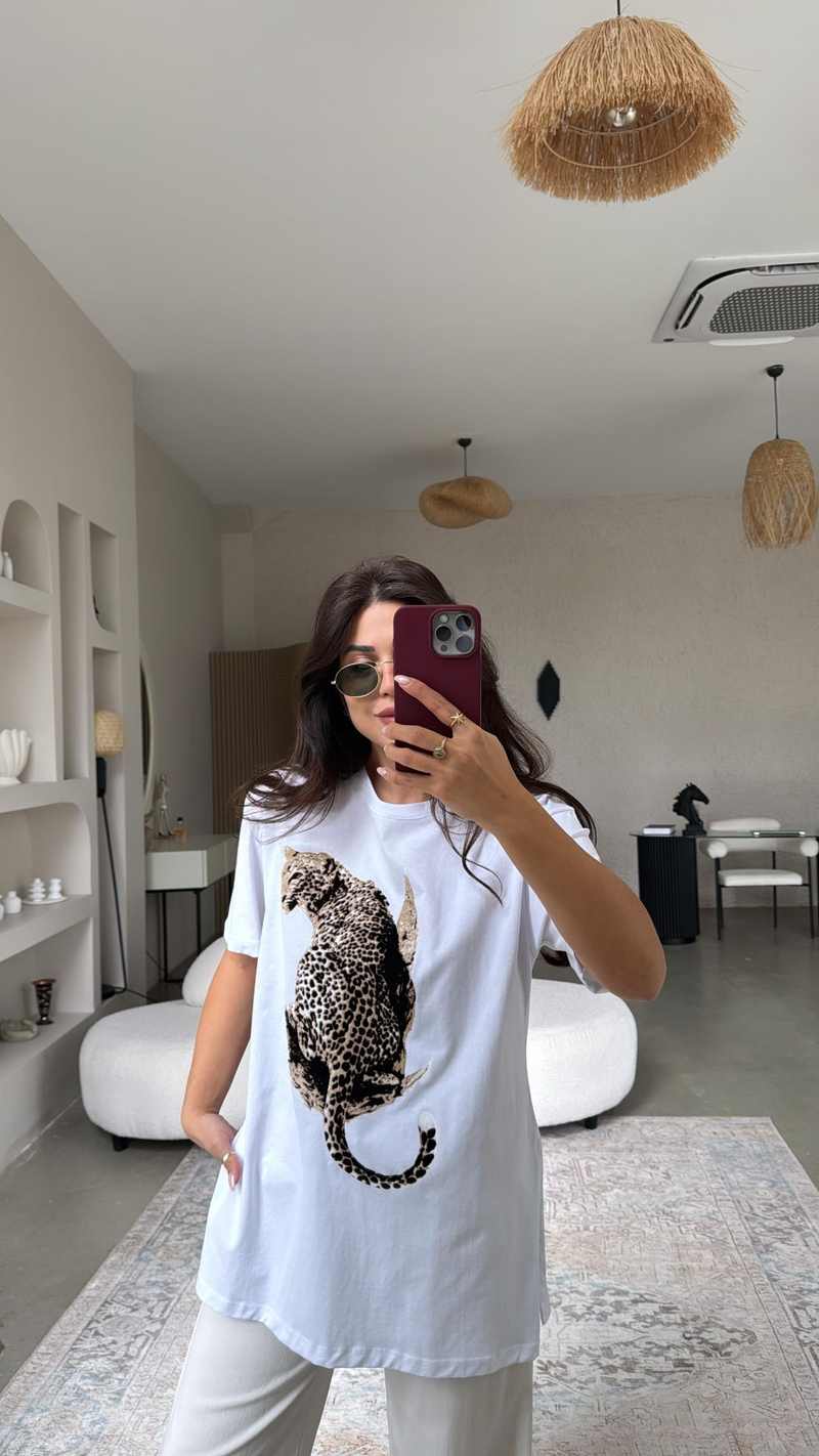Beyaz Flok Kaplan Baskılı Tshirt
