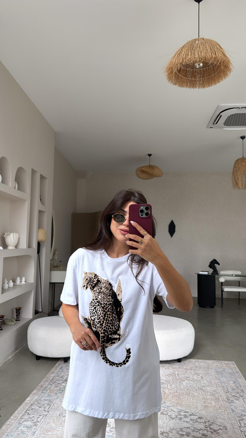 Beyaz Flok Kaplan Baskılı Tshirt