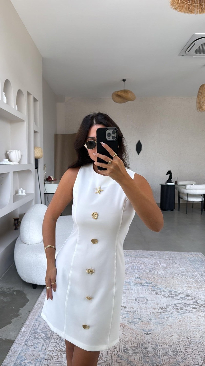 Beyaz Gold Aksesuarlı Krep Elbise