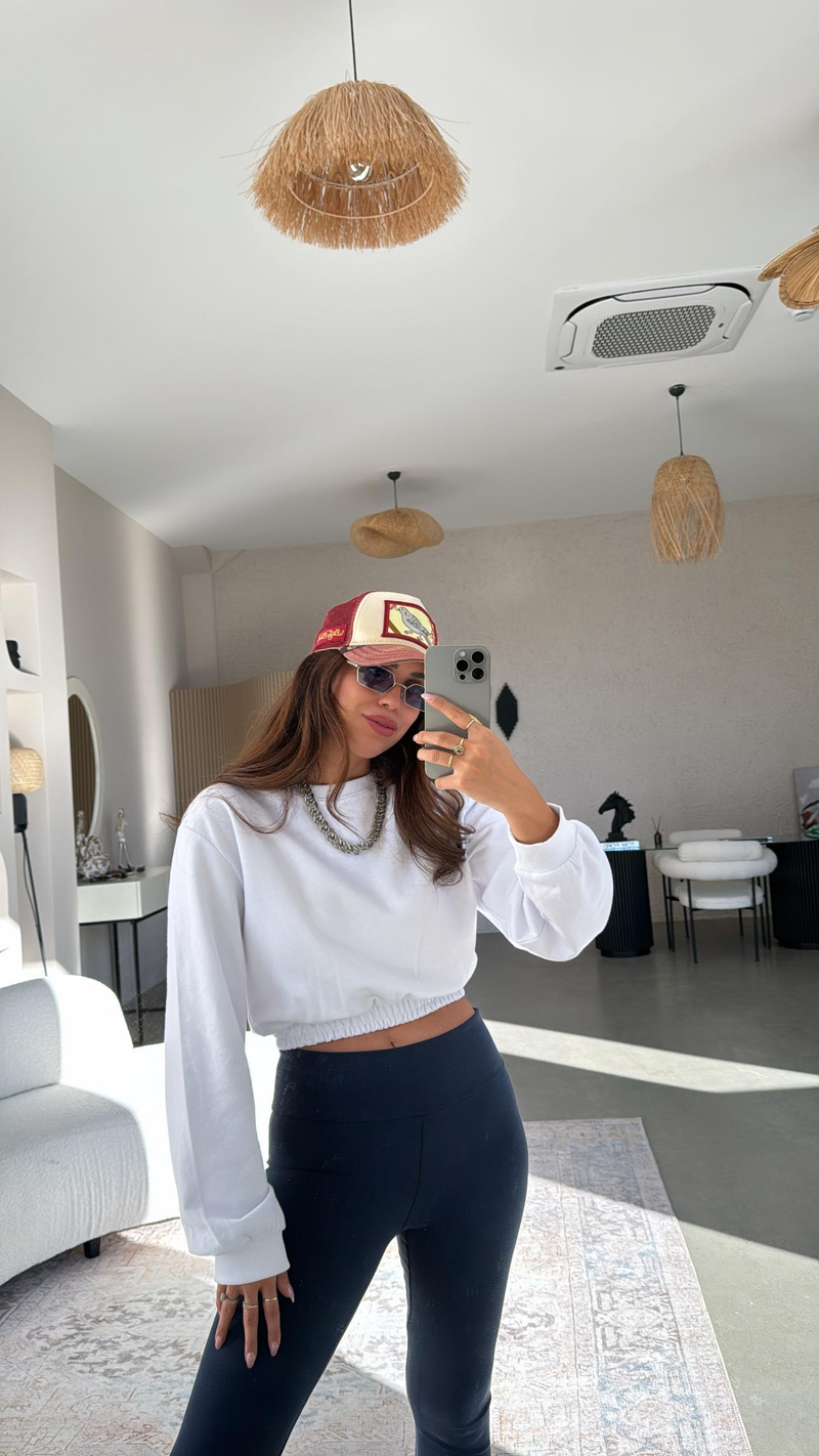 Beyaz İki İplik Crop Sweatshirt