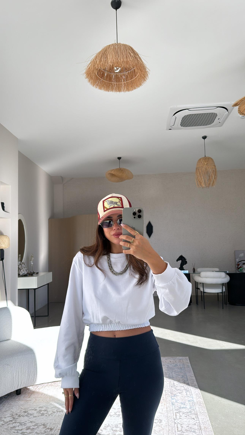 Beyaz İki İplik Crop Sweatshirt