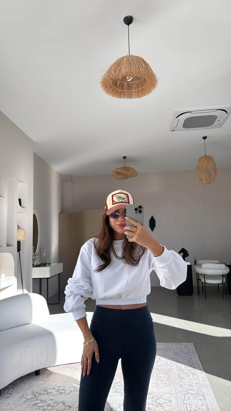 Beyaz İki İplik Crop Sweatshirt