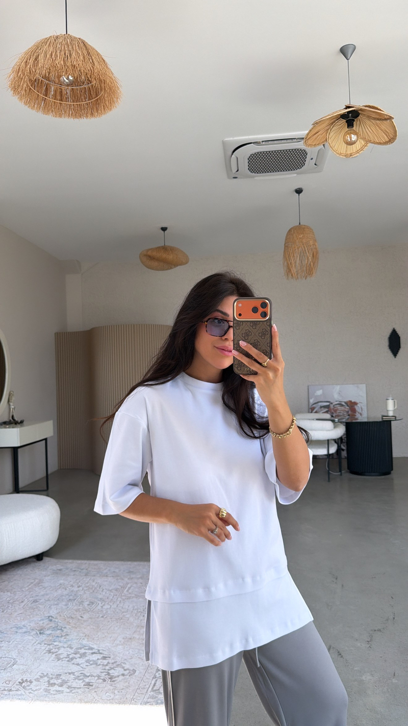 Beyaz İnterlok Kumaş Altı Parçalı Basic Tshirt