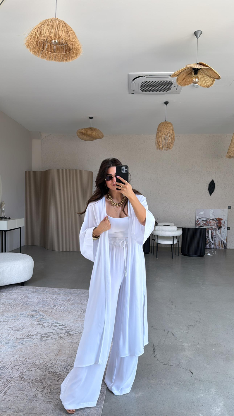 Beyaz Juna Kimono Pantolon Takım