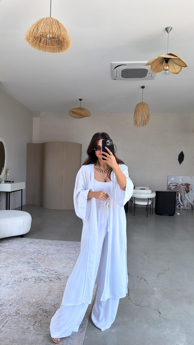 Beyaz Juna Kimono Pantolon Takım