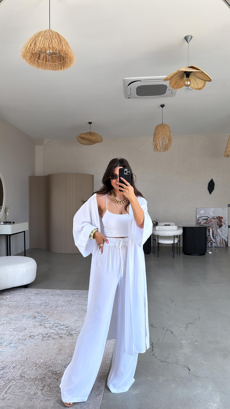 Beyaz Juna Kimono Pantolon Takım
