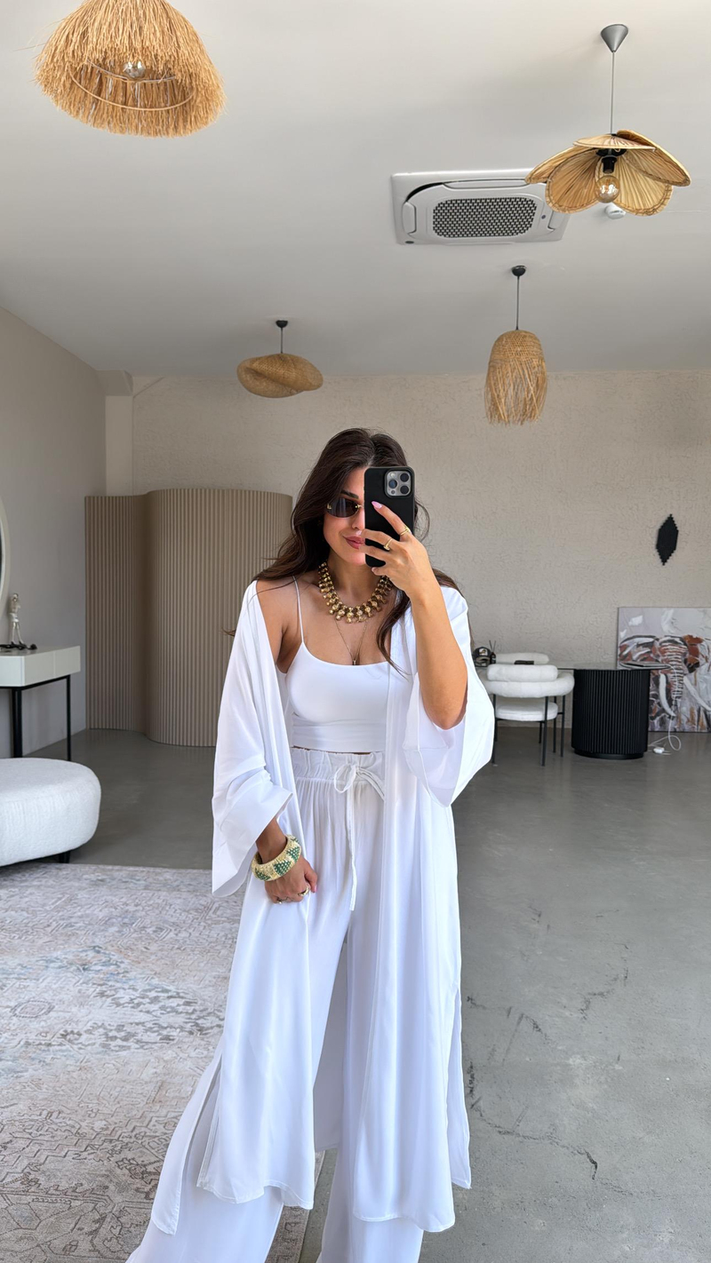 Beyaz Juna Kimono Pantolon Takım