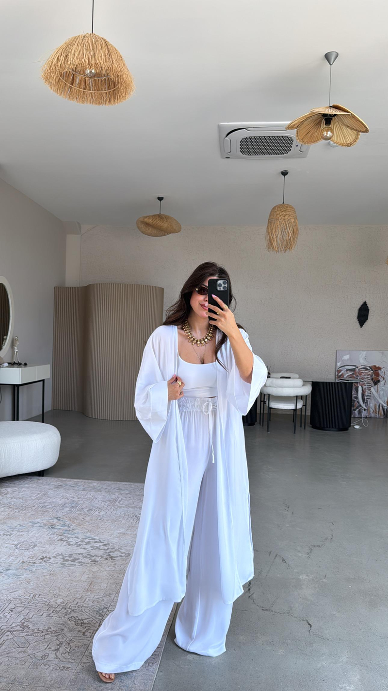 Beyaz Juna Kimono Pantolon Takım