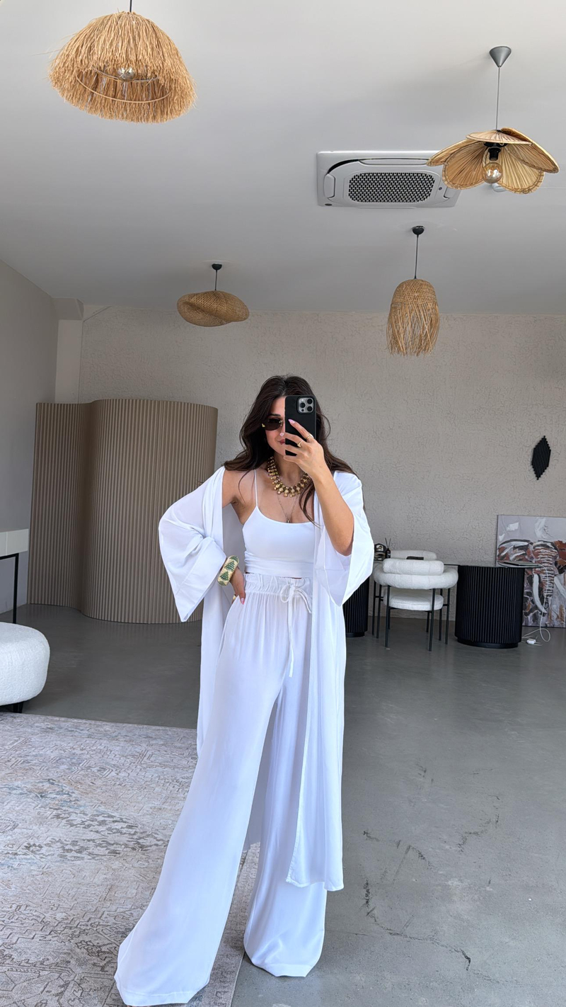 Beyaz Juna Kimono Pantolon Takım