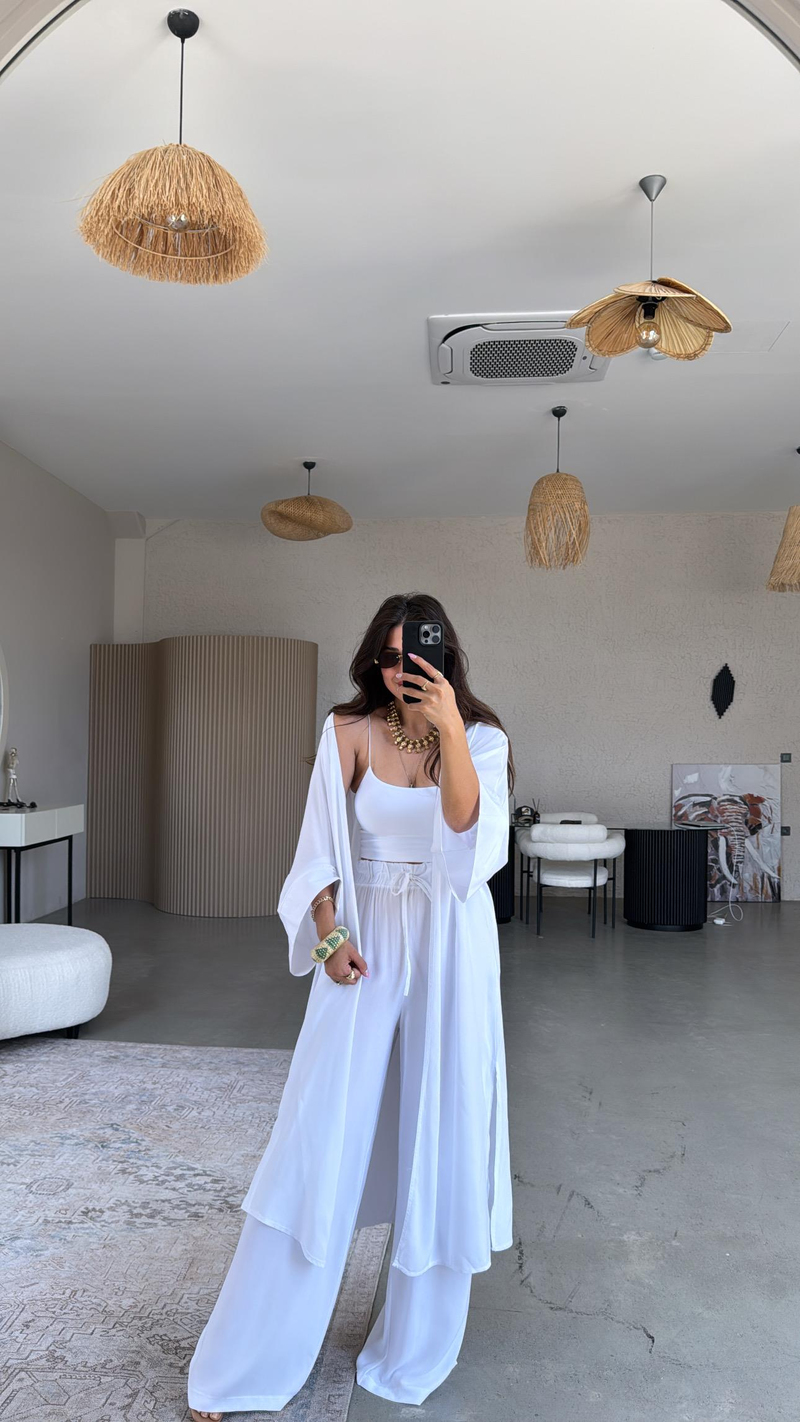 Beyaz Juna Kimono Pantolon Takım