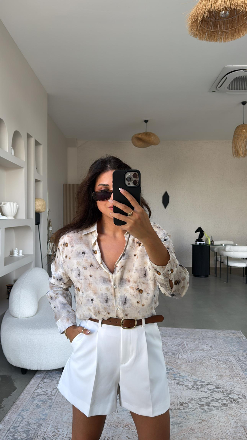 Beyaz Kahverengi Kemerli Premium Şort