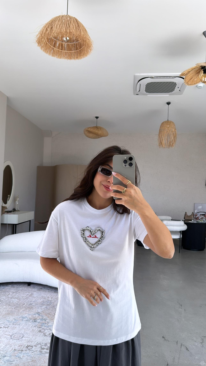 Beyaz Kalpli Taşlı Tshirt