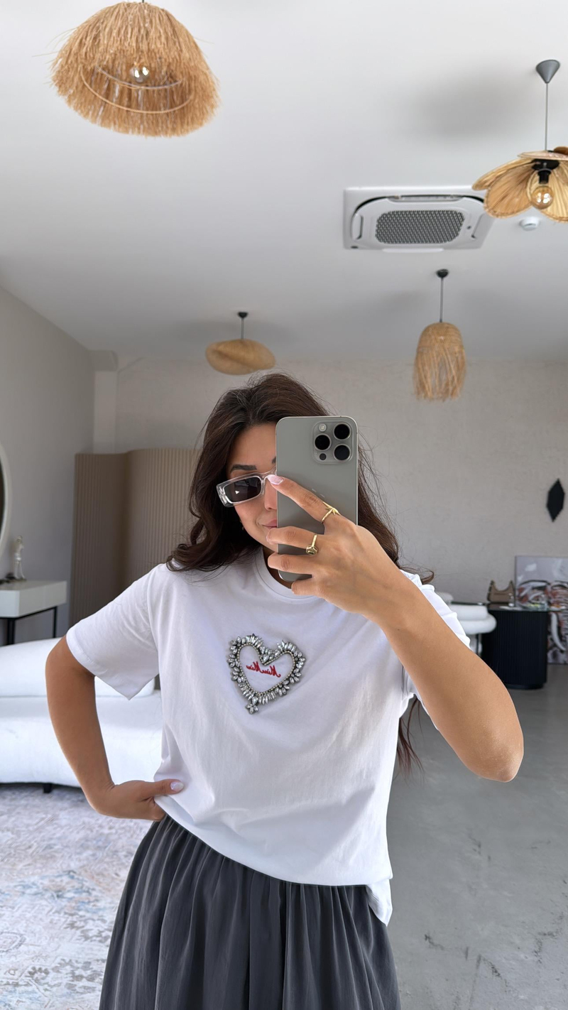 Beyaz Kalpli Taşlı Tshirt