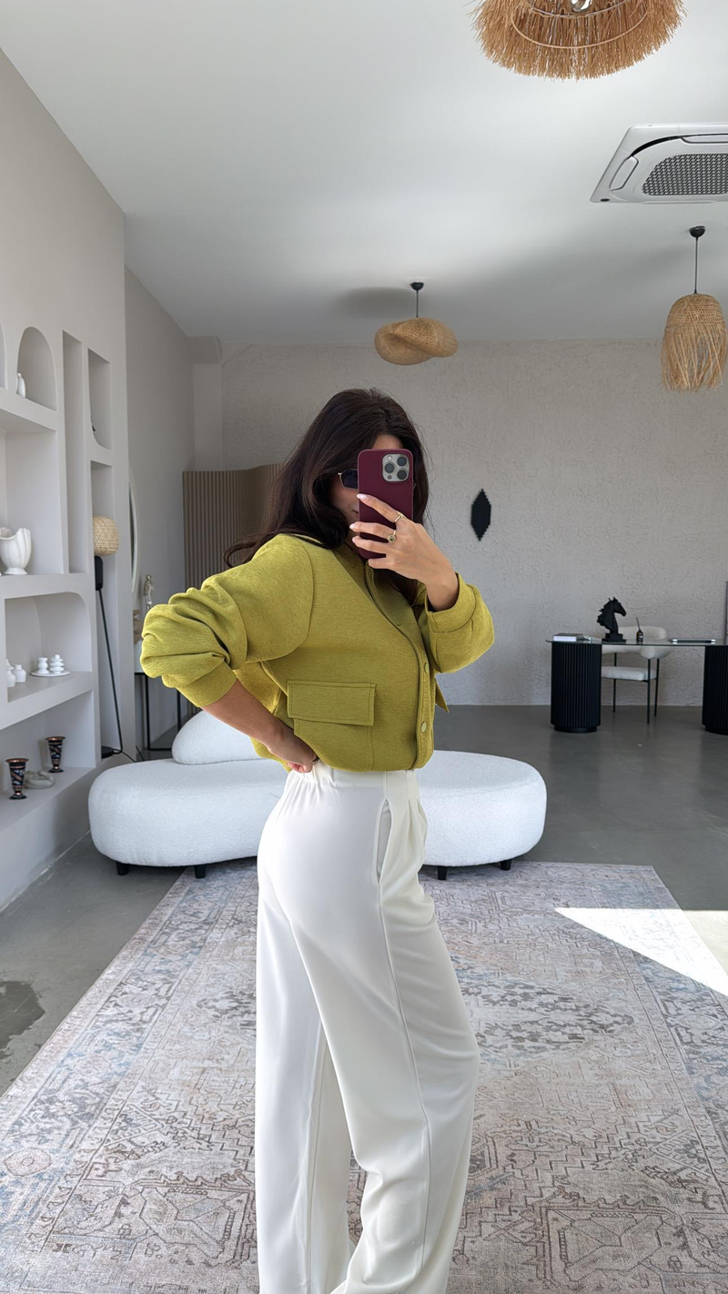 Beyaz Kaplama Düğmeli Palazzo Kumaş Pantolon