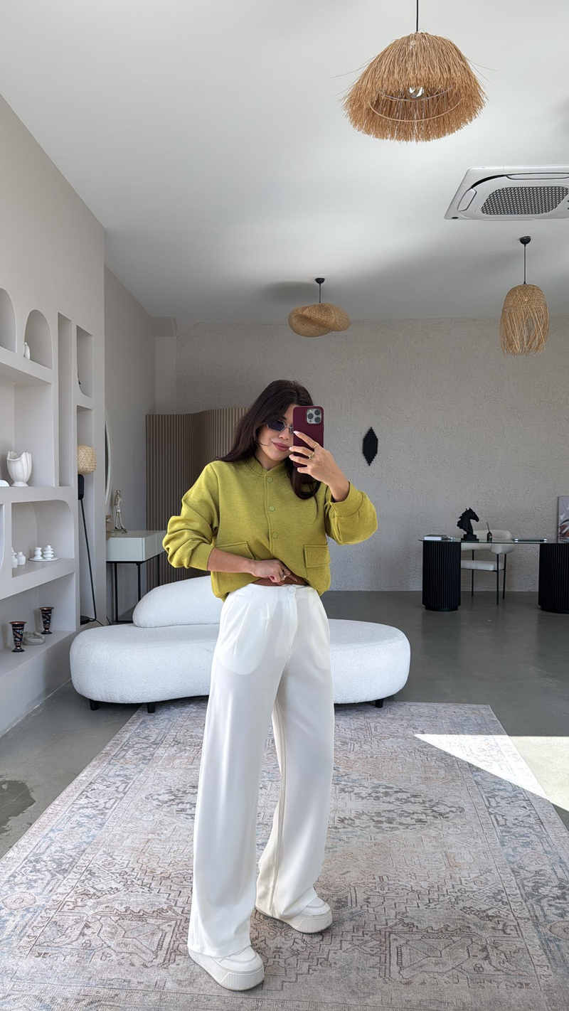 Beyaz Kaplama Düğmeli Palazzo Kumaş Pantolon