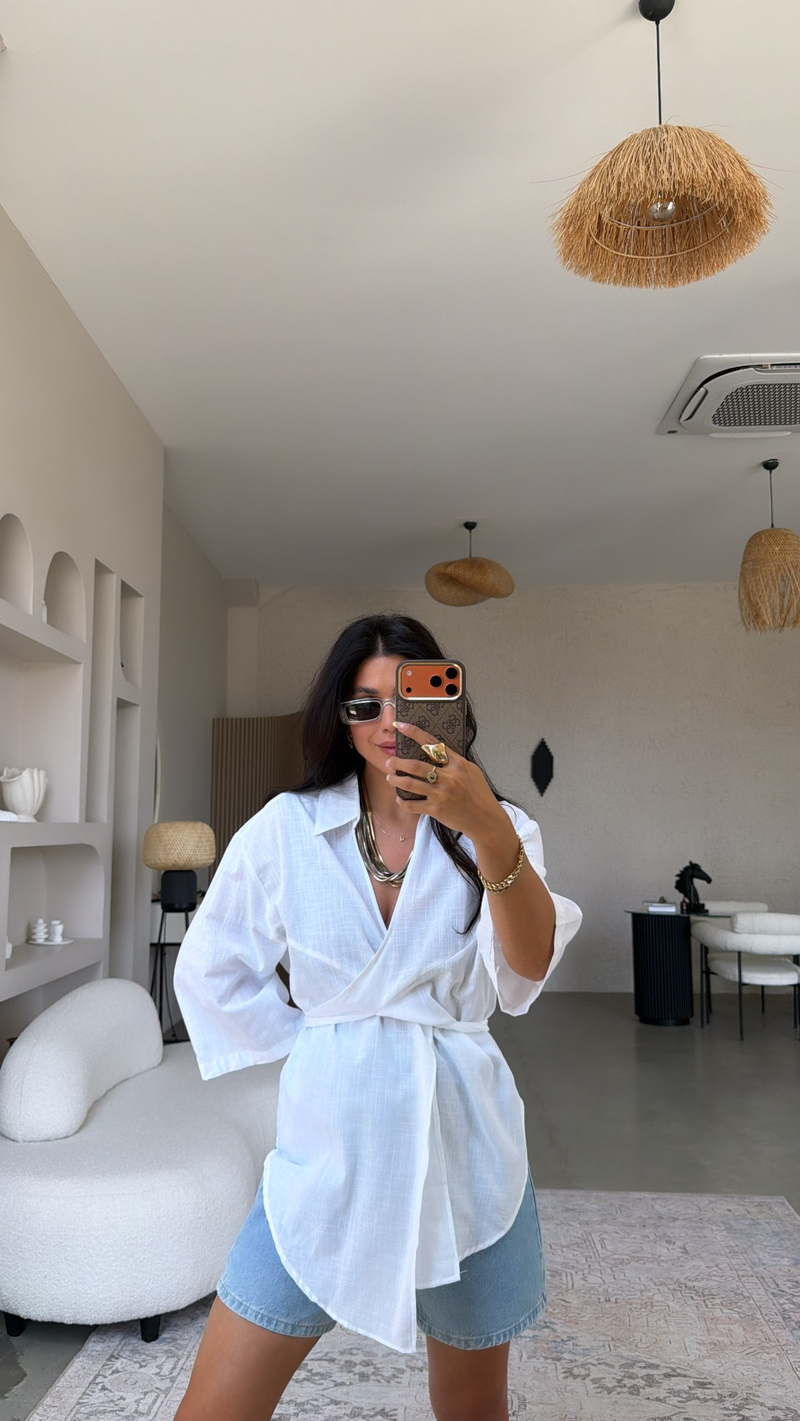 Beyaz Keten Önden Bağlamalı Pareo Gömlek