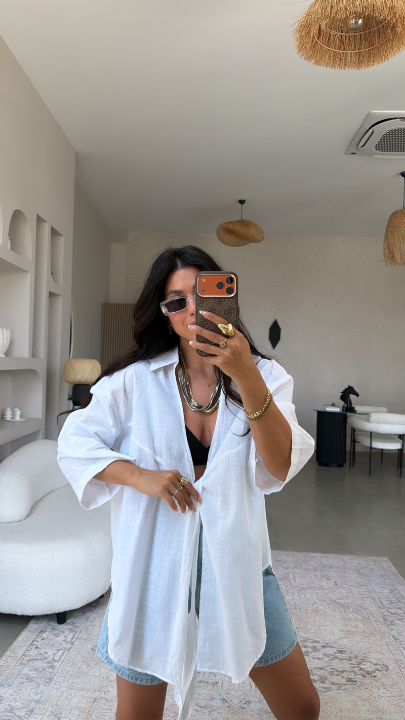 Beyaz Keten Önden Bağlamalı Pareo Gömlek