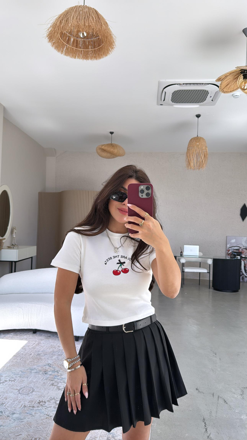 Beyaz Kirazlı Pamuk Crop Tshirt