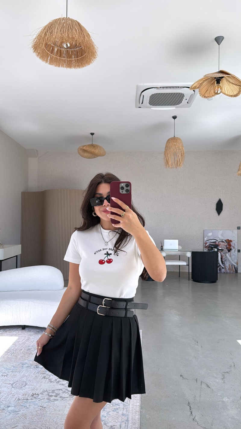 Beyaz Kirazlı Pamuk Crop Tshirt