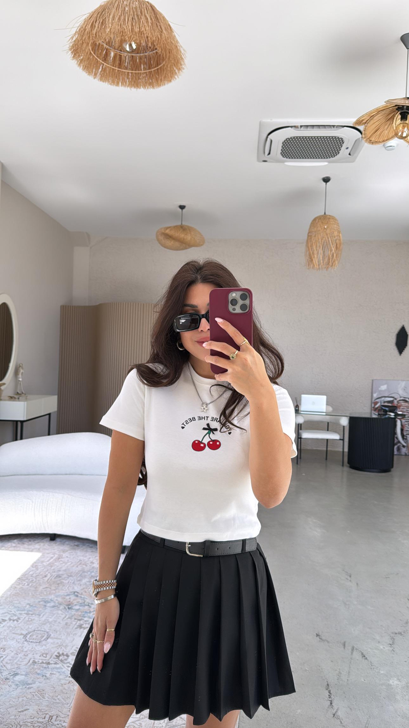Beyaz Kirazlı Pamuk Crop Tshirt