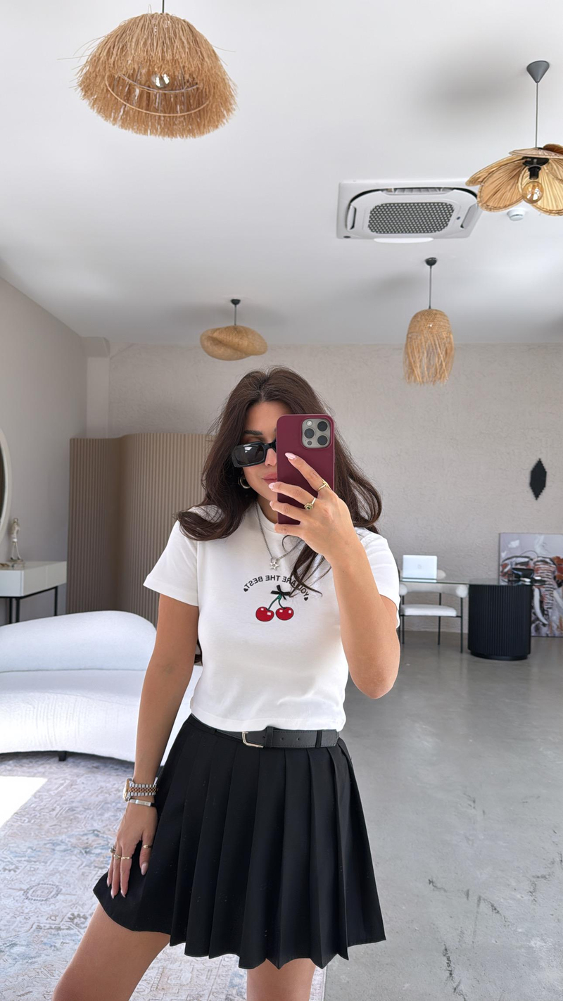Beyaz Kirazlı Pamuk Crop Tshirt