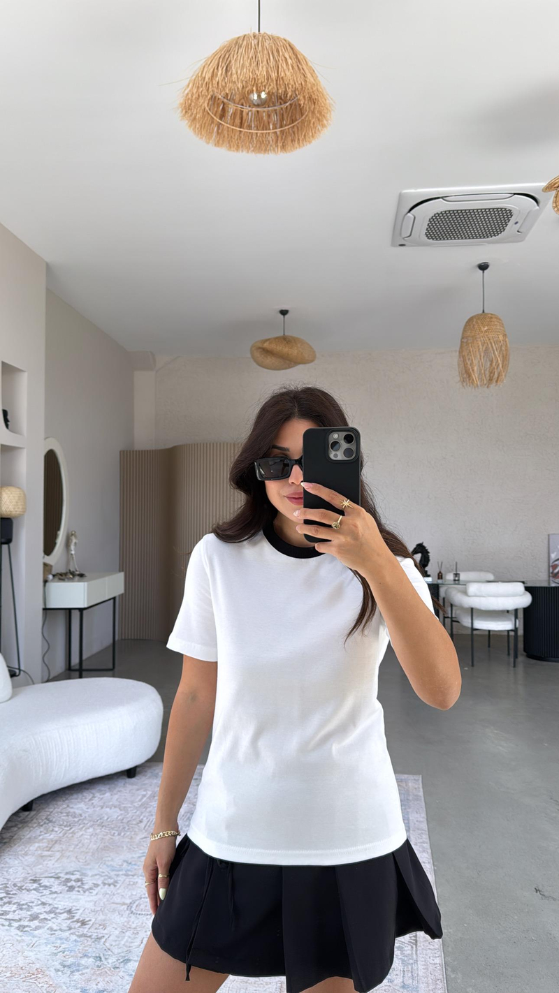 Beyaz Massi Bisiklet Yaka Tshirt