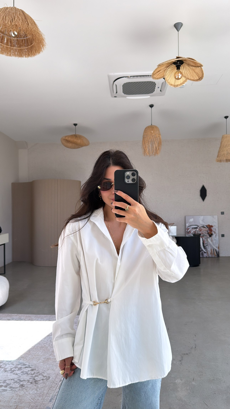 Beyaz Poplin Gold Aksesuarlı Premium Gömlek