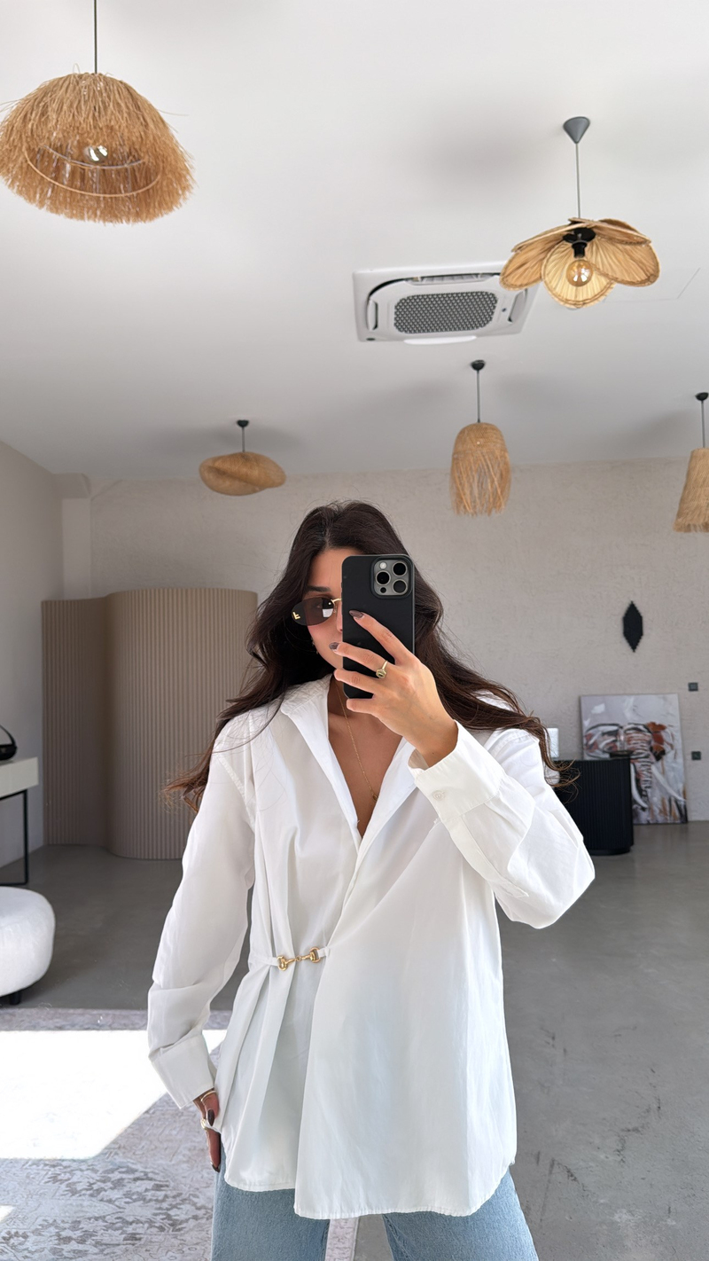 Beyaz Poplin Gold Aksesuarlı Premium Gömlek