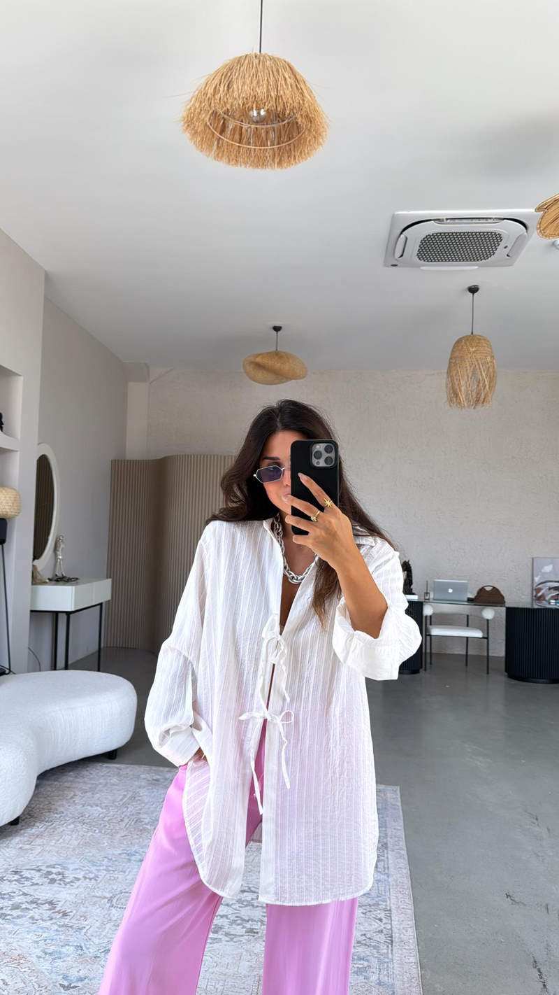 Beyaz Premium Bağlamalı Gömlek Bluz