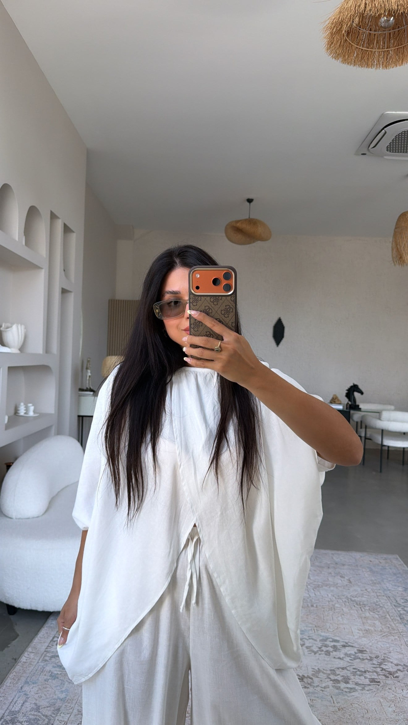Beyaz Premium Keten Kruvaze Bluz Pantolon Takım