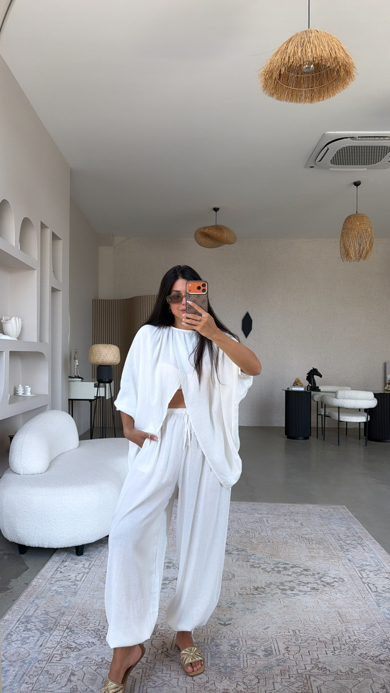 Beyaz Premium Keten Kruvaze Bluz Pantolon Takım