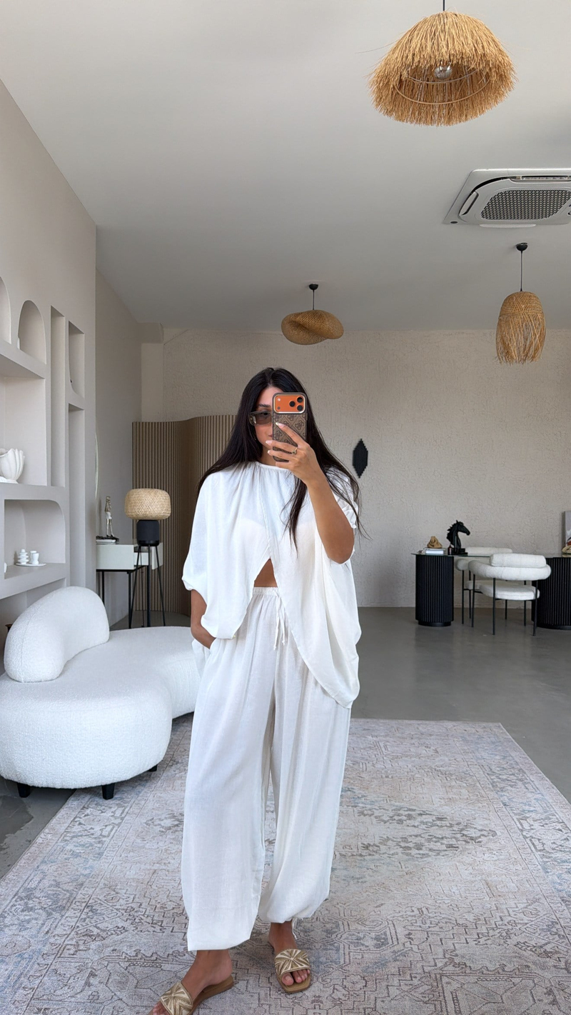 Beyaz Premium Keten Kruvaze Bluz Pantolon Takım