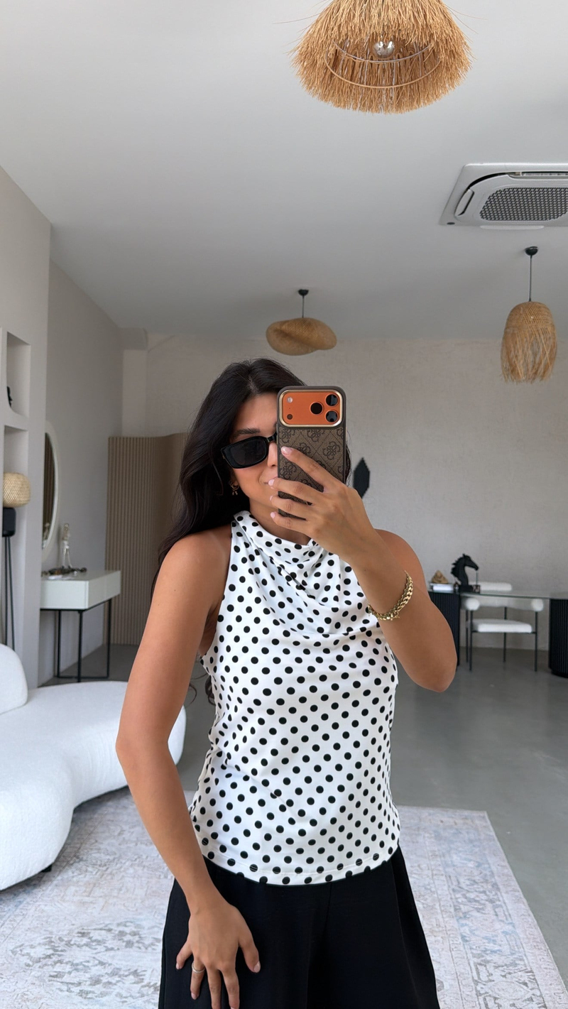 Beyaz Puantiyeli Degaje Polyamid Bluz