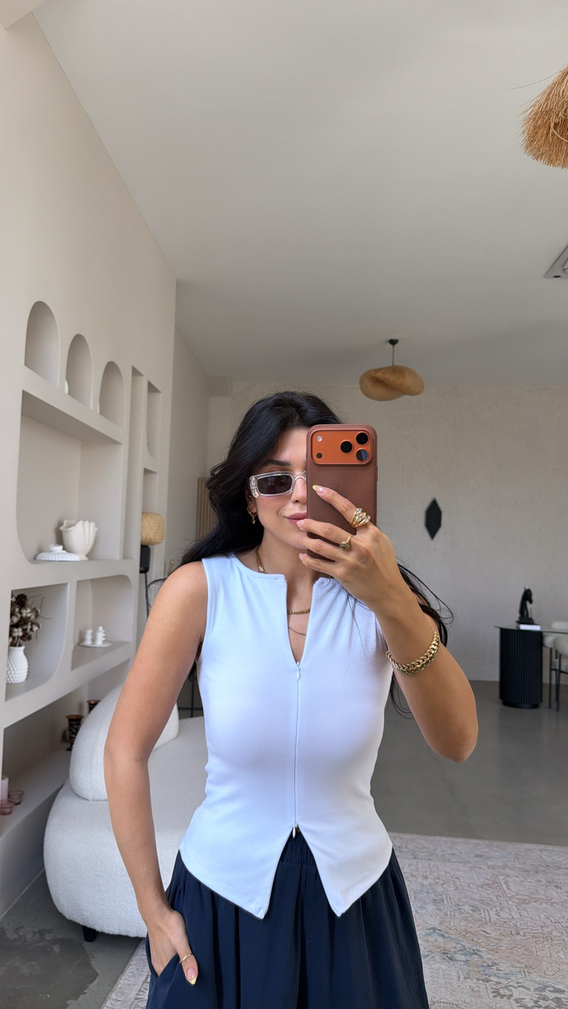Beyaz Tam Fermuarlı Pamuklu Atlet