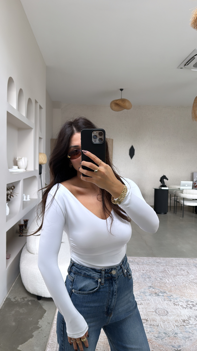 Beyaz V Yaka Polyamid Bodysuit