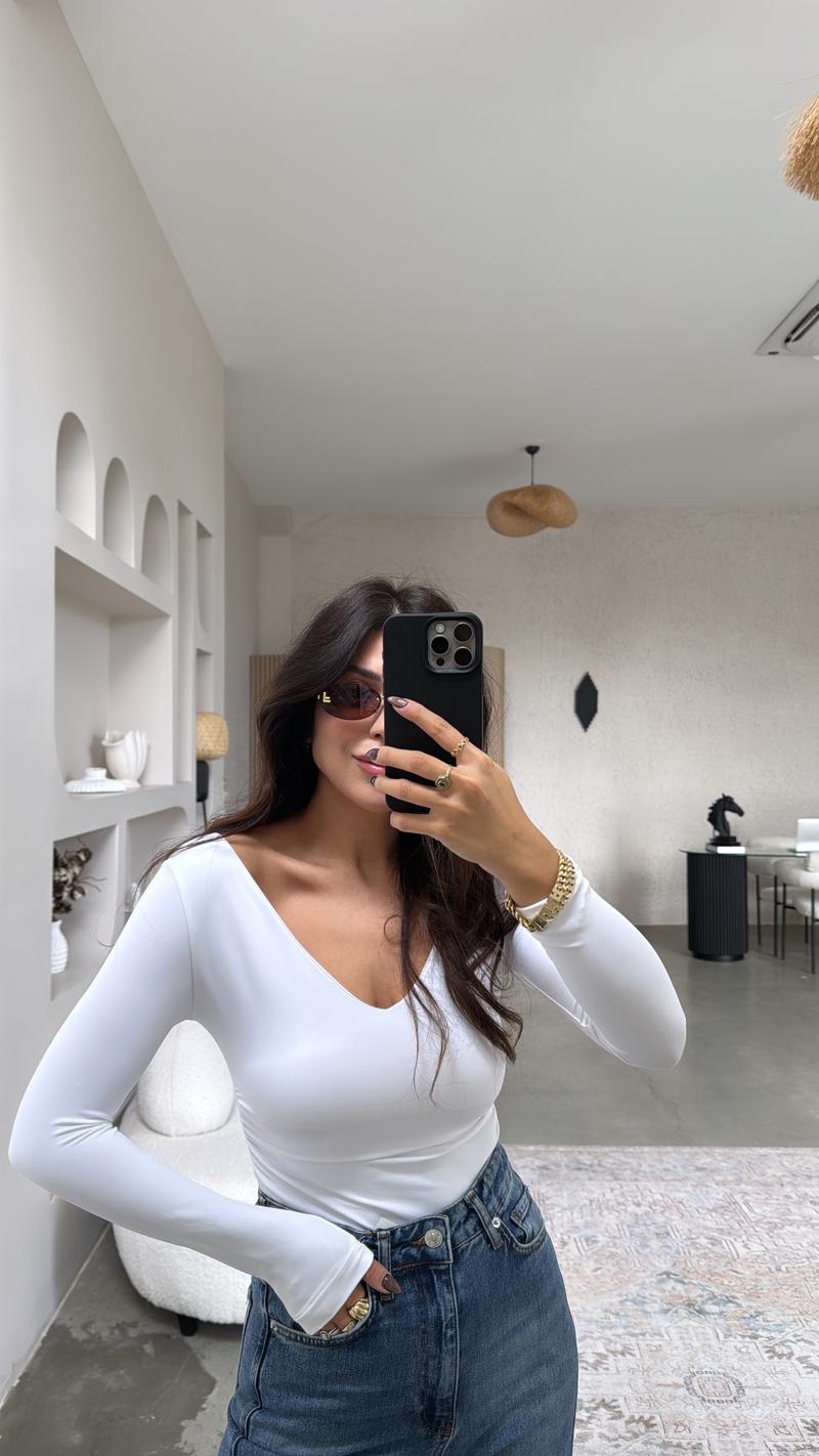 Beyaz V Yaka Polyamid Bodysuit