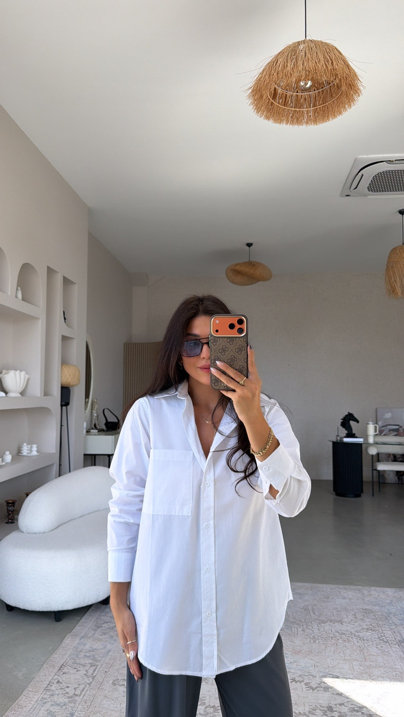 Beyaz ZR Model Pamuk Poplin Cepli Gömlek