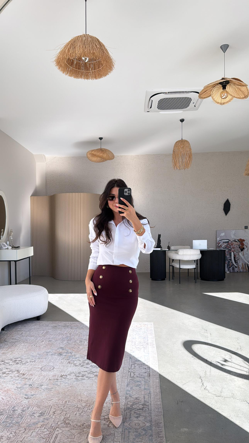 Bordo Altı Düğme Çelik Örme Etek