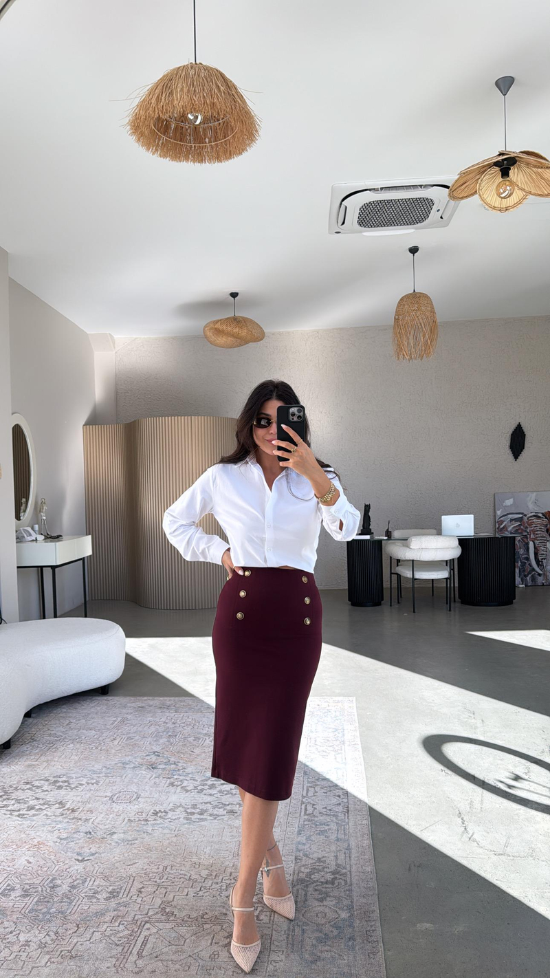 Bordo Altı Düğme Çelik Örme Etek