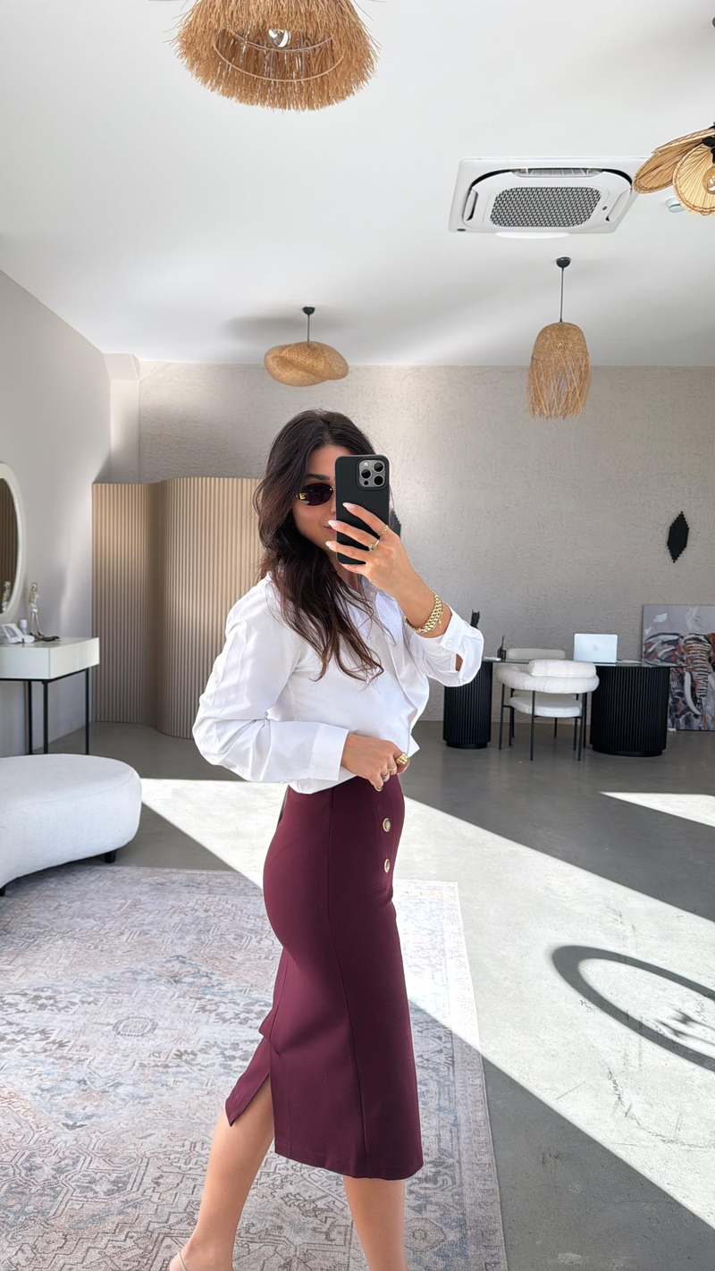 Bordo Altı Düğme Çelik Örme Etek