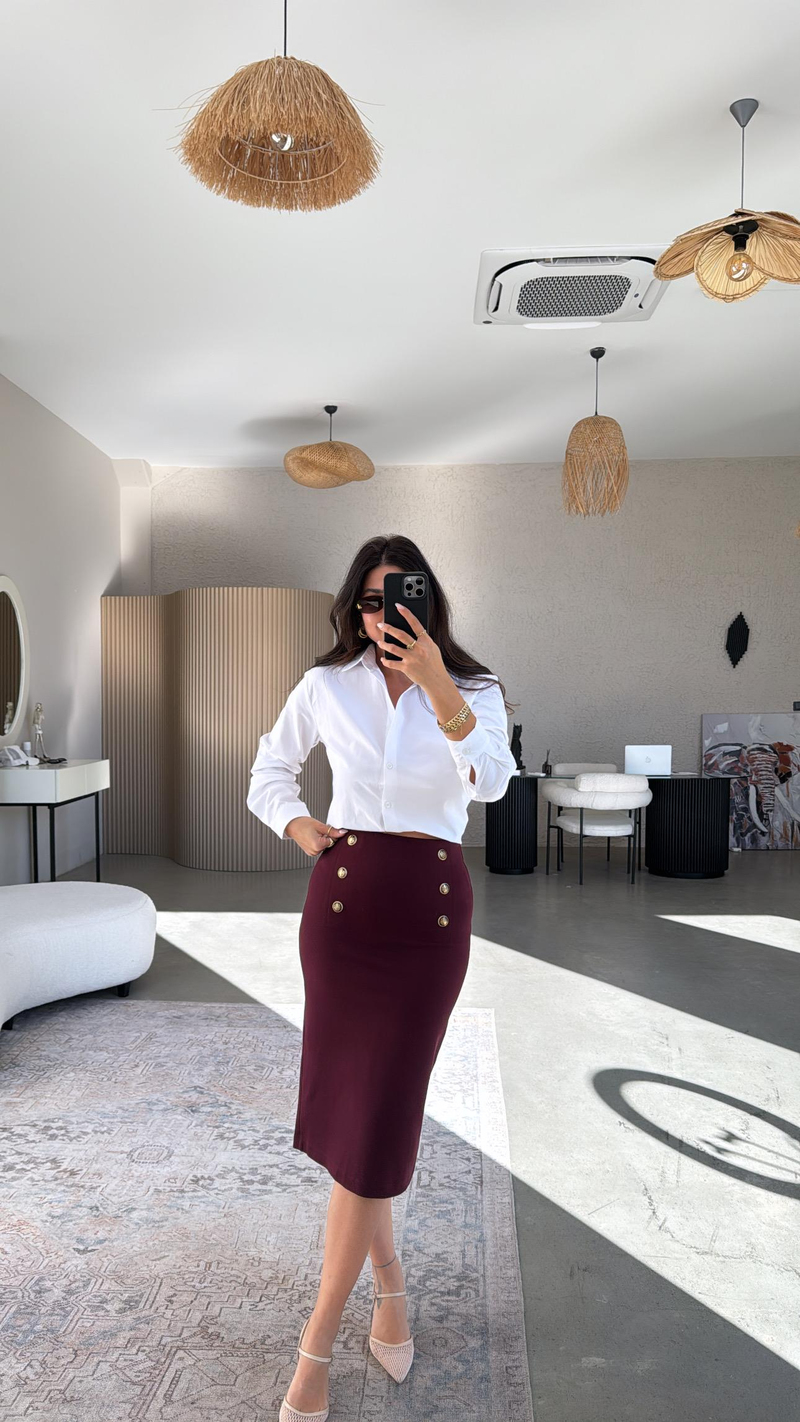 Bordo Altı Düğme Çelik Örme Etek