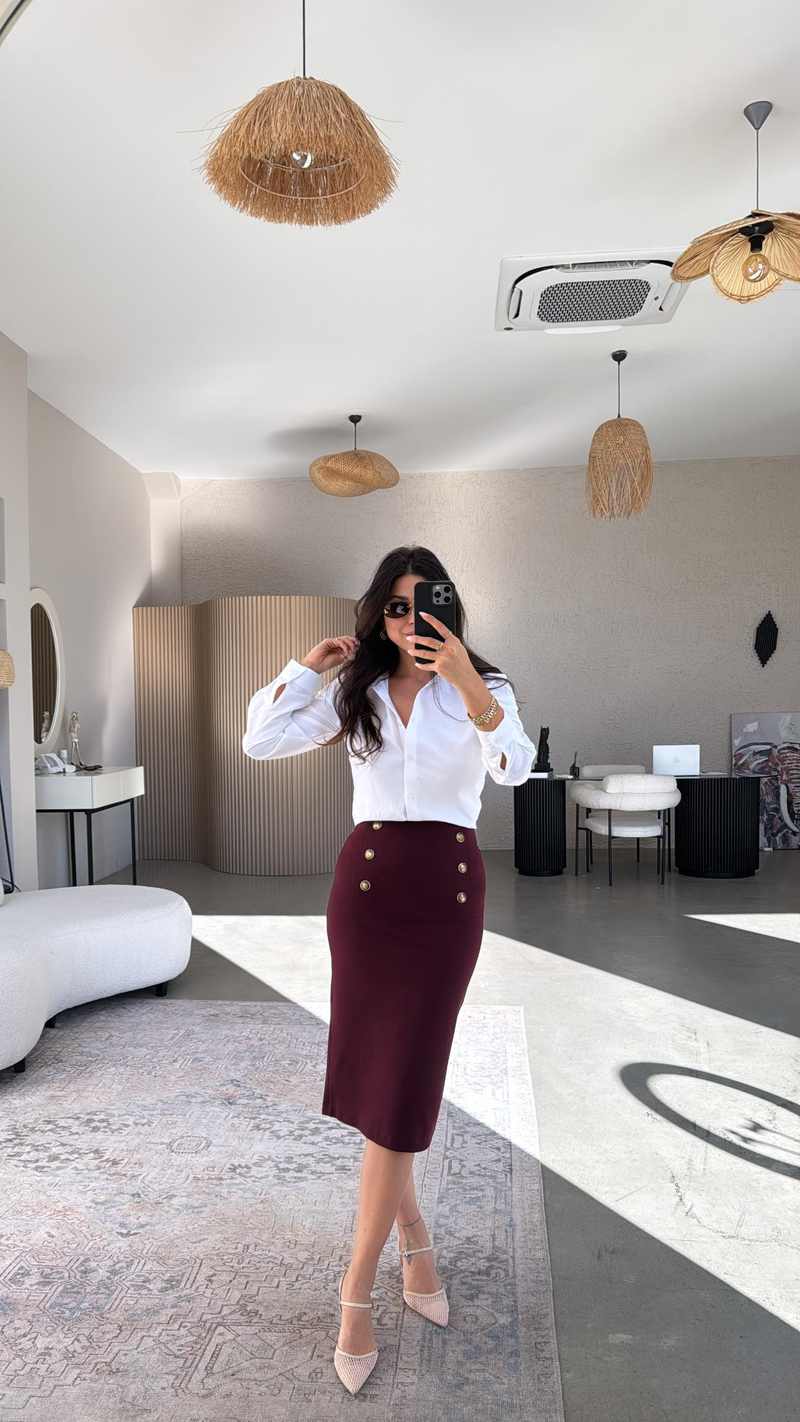 Bordo Altı Düğme Çelik Örme Etek