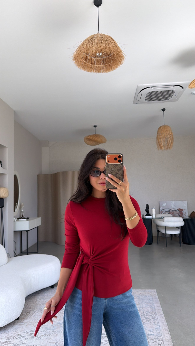 Bordo Bağlamalı İthal Kumaş Bluz