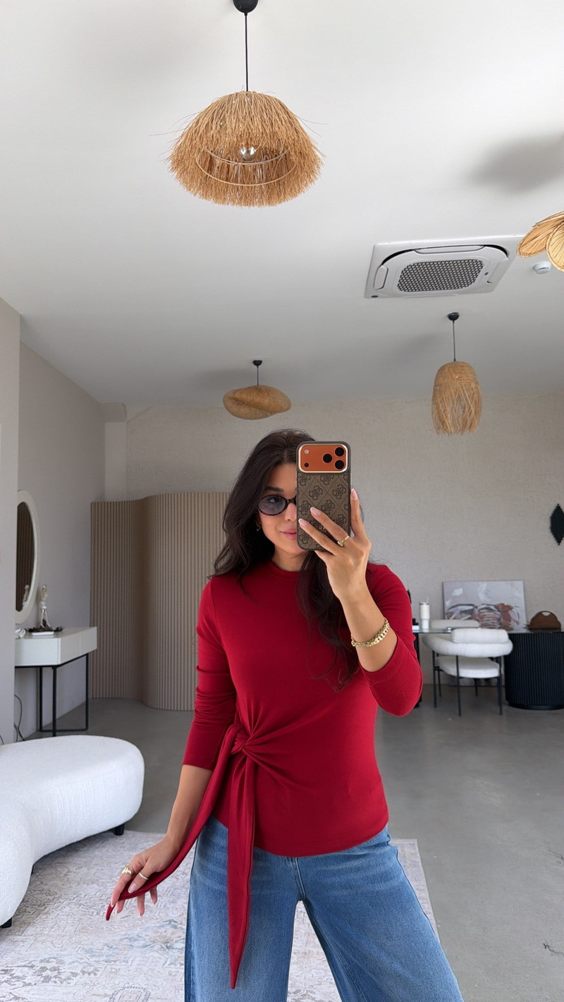 Bordo Bağlamalı İthal Kumaş Bluz