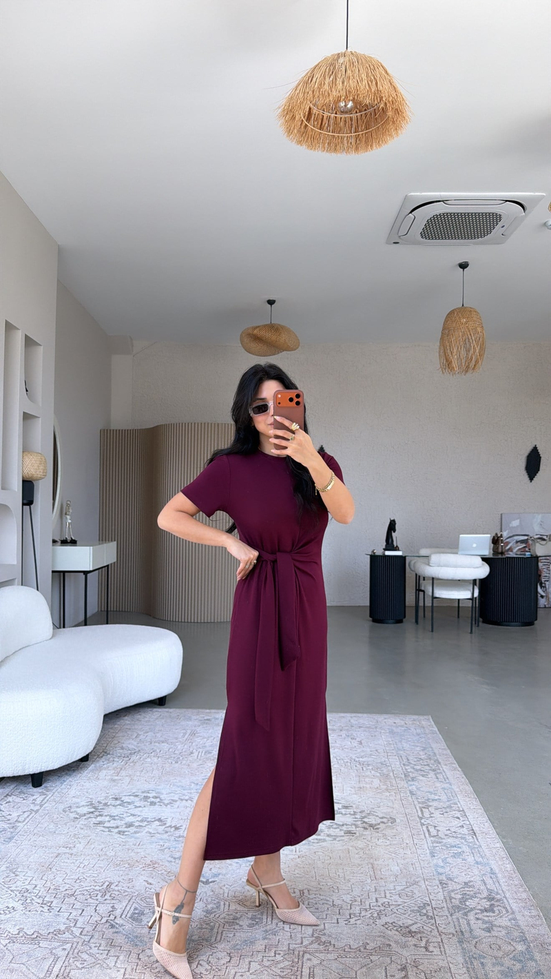 Bordo Bağlamalı Kısa Kol Modal Elbise