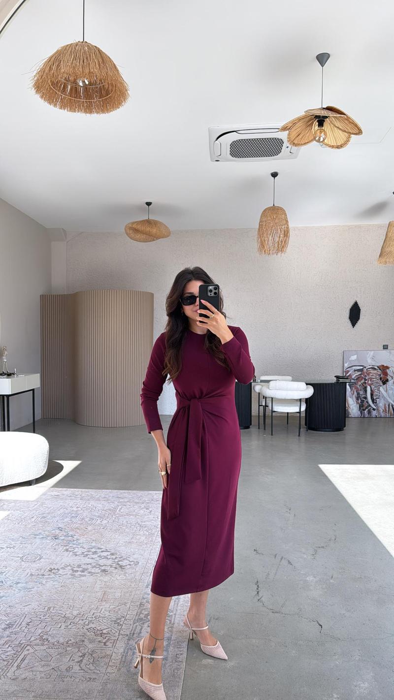 Bordo Bağlamalı Modal Elbise