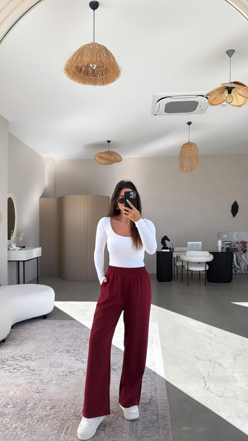 Bordo Beli Lastikli Mrc Pantolon