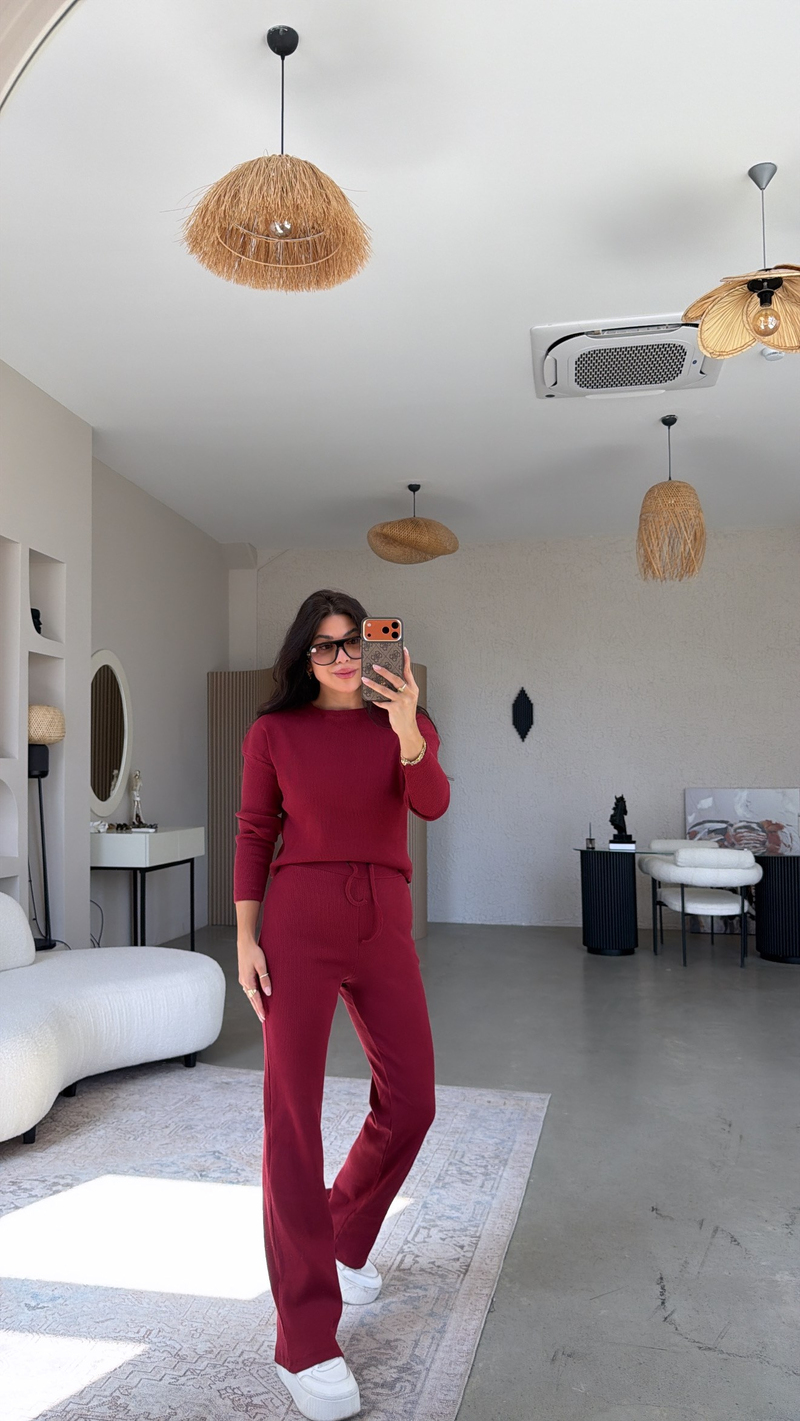 Bordo Bisiklet Yaka Fitilli Alt Üst Takım